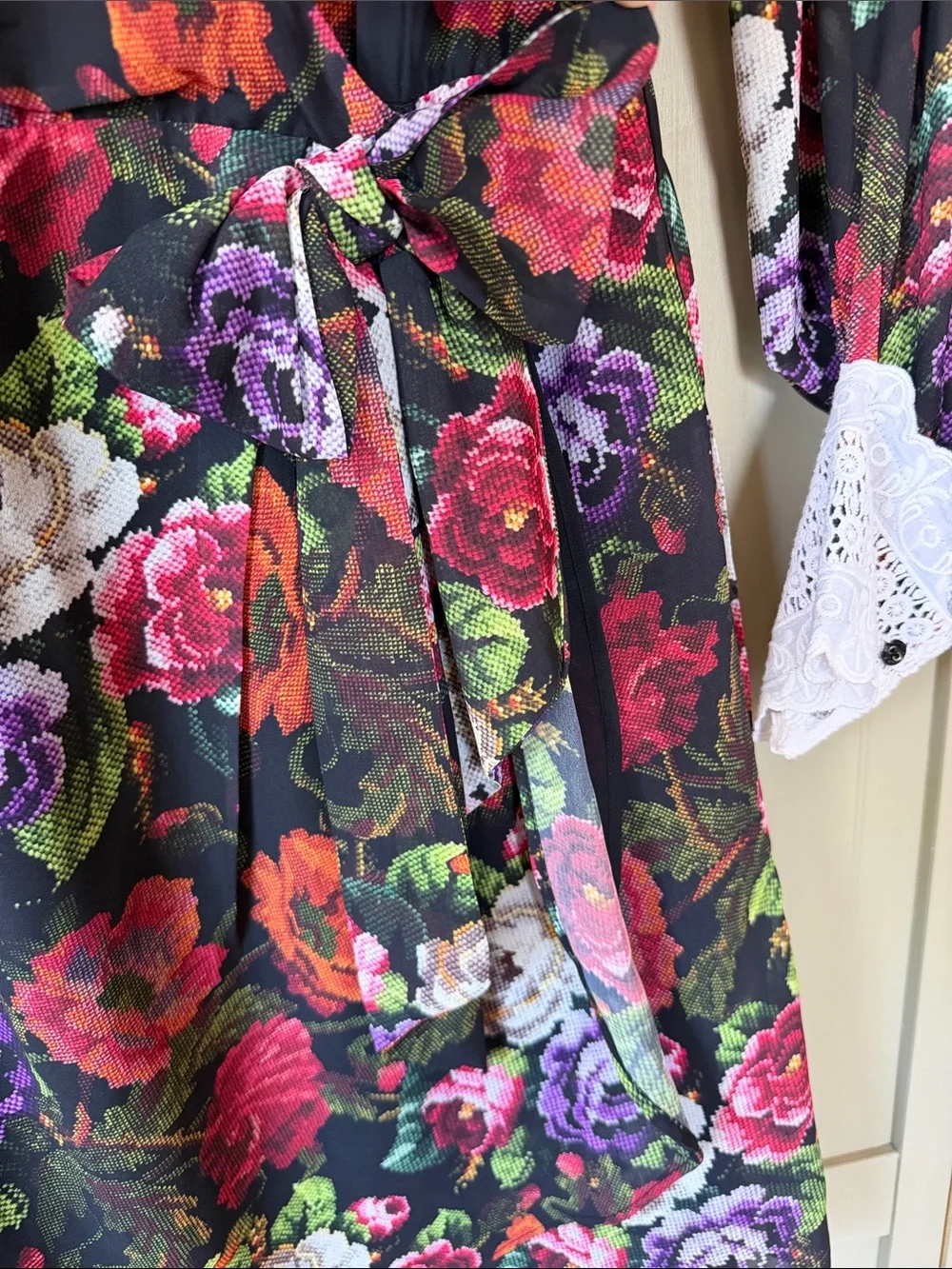 Floral Mini Dress With Blouson Sleeve And Contrast Lace Cuff